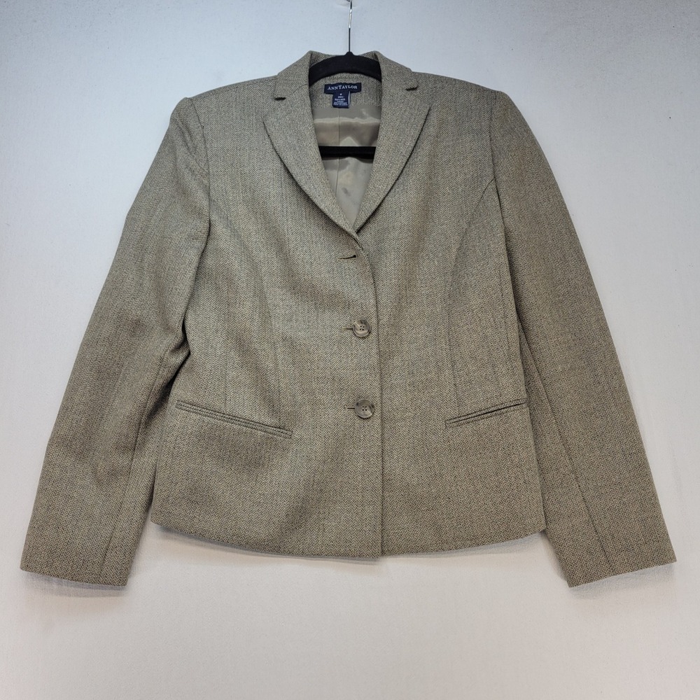 Ann Taylor Blazer Women 6 Tan Herringbone Tweed Wool 3-Button Office Jacket